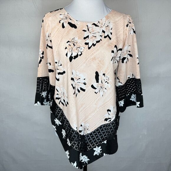 Alfani Tops - Alfani Women Sz PS Asymmetrical Top Floral Print Crochet Trim Round 3/4 sleeve